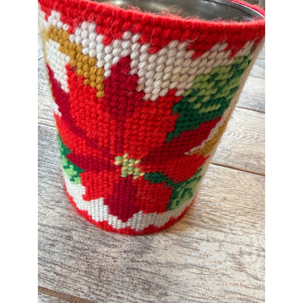 Handmade Needlepoint Christmas Poinsettia Metal Tin Canister Decor Vintage MCM